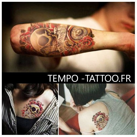 tatouage-temporaire-crane-et-roses-rouges